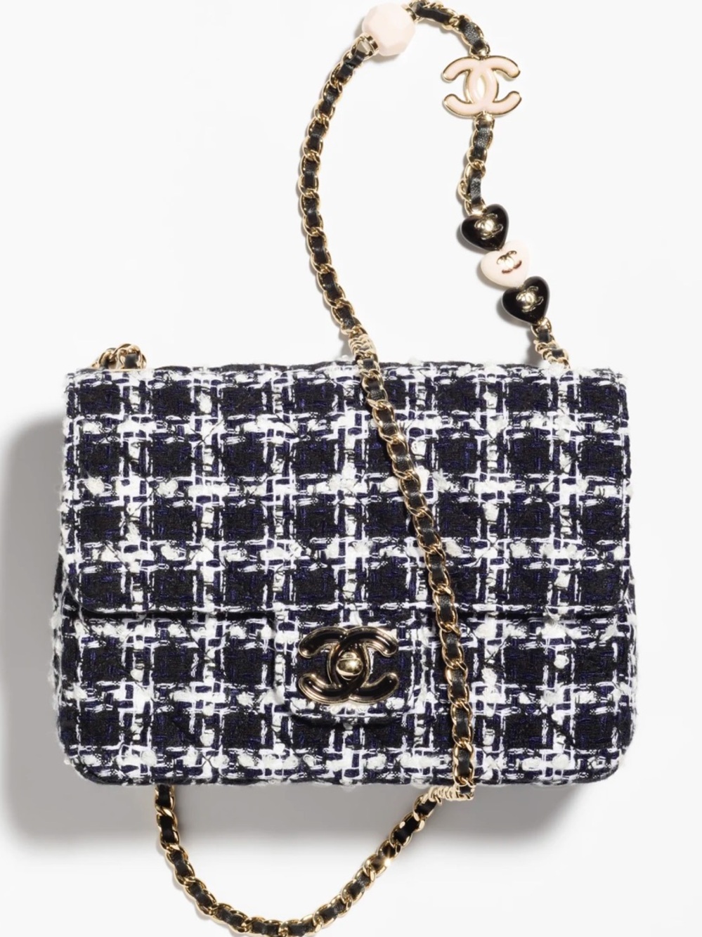 CHANEL Mini Flap Bag in Navy and White Tweed with Gold Chain